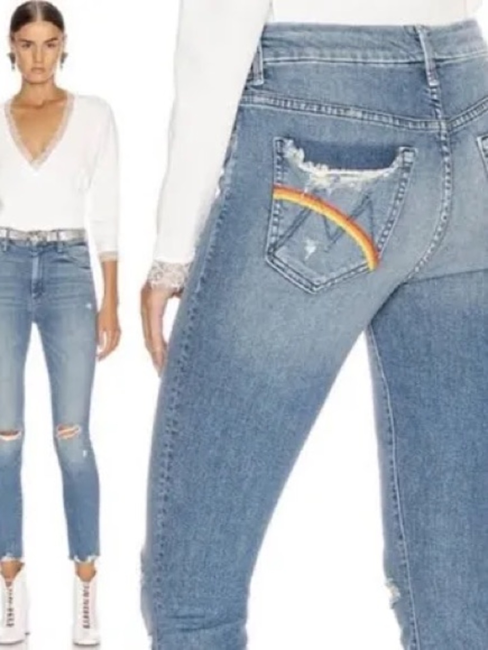 MOTHER High Waisted Looker Ankle Chew Rainbow Jeans Sz 26
